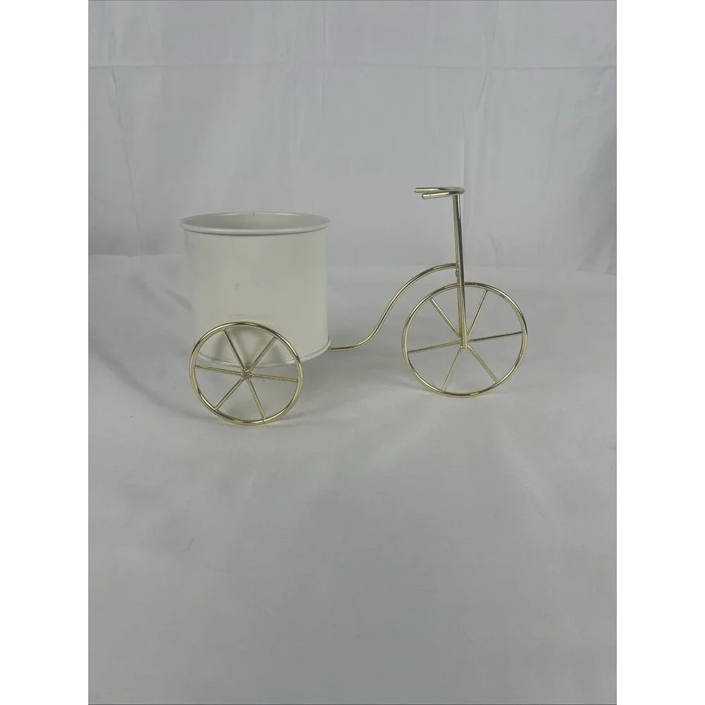 Gold Metal Bicycle Tabletop Planter with White Pot Decorative Bike Flower Holder